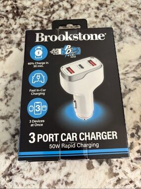 Brookstone White 3-Port Car Charger with USB-C and USB-A Ports